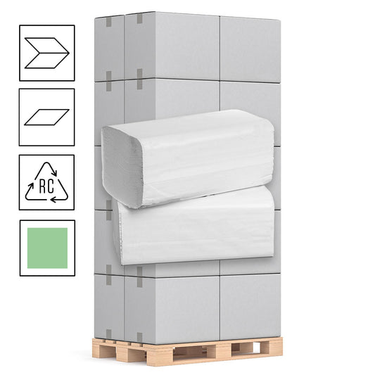 1 Palette Falthandtücher 1-lagig, Recycling grün, 25cm x 23cm V/ZZ-Falz, 5000 Blatt, Pal.= 32 VE