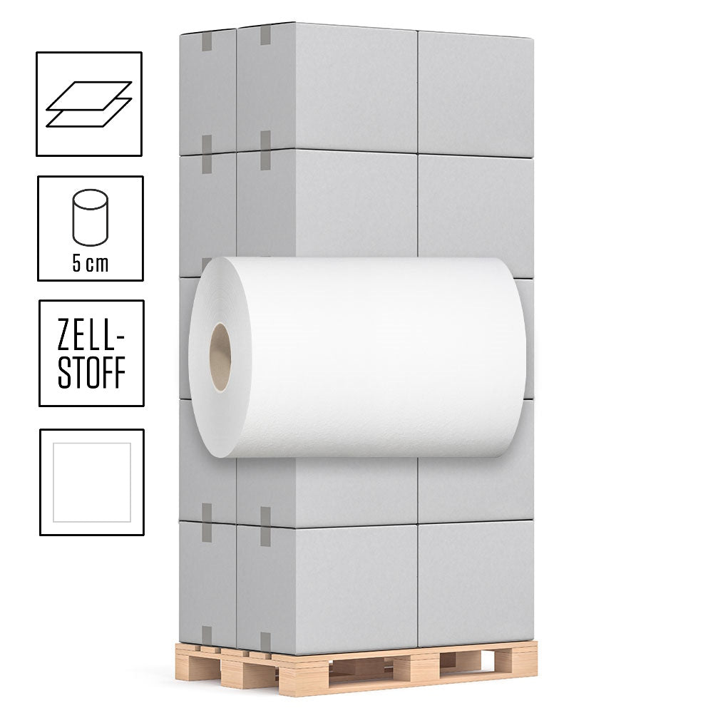 1 Palette Handtuchrollen, 2-lagig, Zellstoff hochweiß, Außenabrollung, 5er Hülse, 21cm Breite, mit 130m pro Rolle, passend für Ille Spender, Pal.= 40 VE