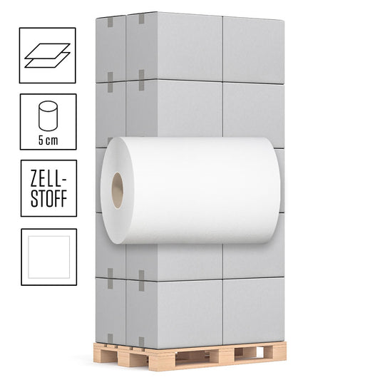 1 Palette Handtuchrollen, 2-lagig, Zellstoff hochweiß, Außenabrollung, 5er Hülse, 21cm Breite, mit 130m pro Rolle, passend für Ille Spender, Pal.= 40 VE
