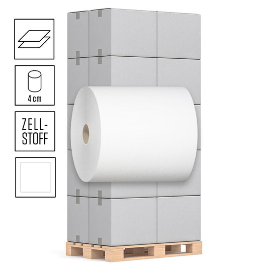 1 Palette Handtuchrollen, 2-lagig, Zellstoff hochweiß, Außenabrollung, 4er Hülse, 20,5cm Breite, mit 130m pro Rolle, passend für Systeme mit 20cm und 21cm Rollen, Pal.= 40 VE