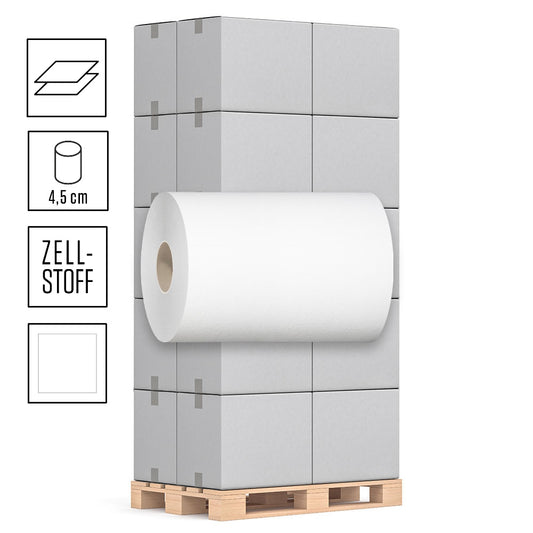 1 Palette Handtuchrollen, 2-lagig, Zellstoff hochweiß, Außenabrollung, 4,5er Hülse, 23,5cm Breite, mit 140m pro Rolle, passend für Lotus EnMotion Spender, Pal.= 36 VE