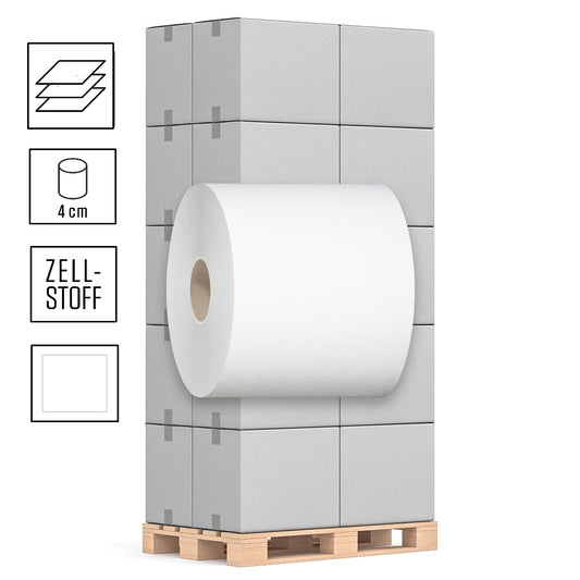 1 Palette Handtuchrollen, 3-lagig, Zellstoff hochweiß, Außenabrollung, 4er Hülse, 20cm Breite, mit 100m pro Rolle, Pal.= 40 VE