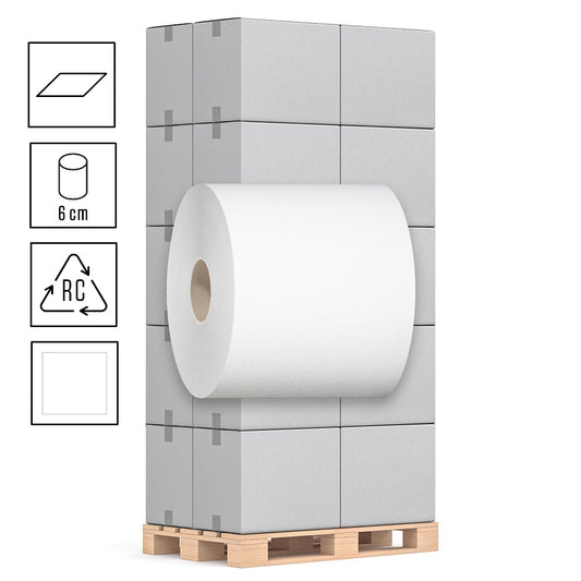 1 Palette Handtuchrollen, 1-lagig, Recycling weiß, Innenabrollung, mit 300m pro Rolle, Pal.= 40 VE