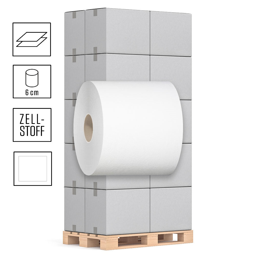 1 Palette Handtuchrollen, 2-lagig, Zellstoff hochweiß, Innenabrollung, ca. 310 Blatt pro Rolle, Pal.= 55 VE