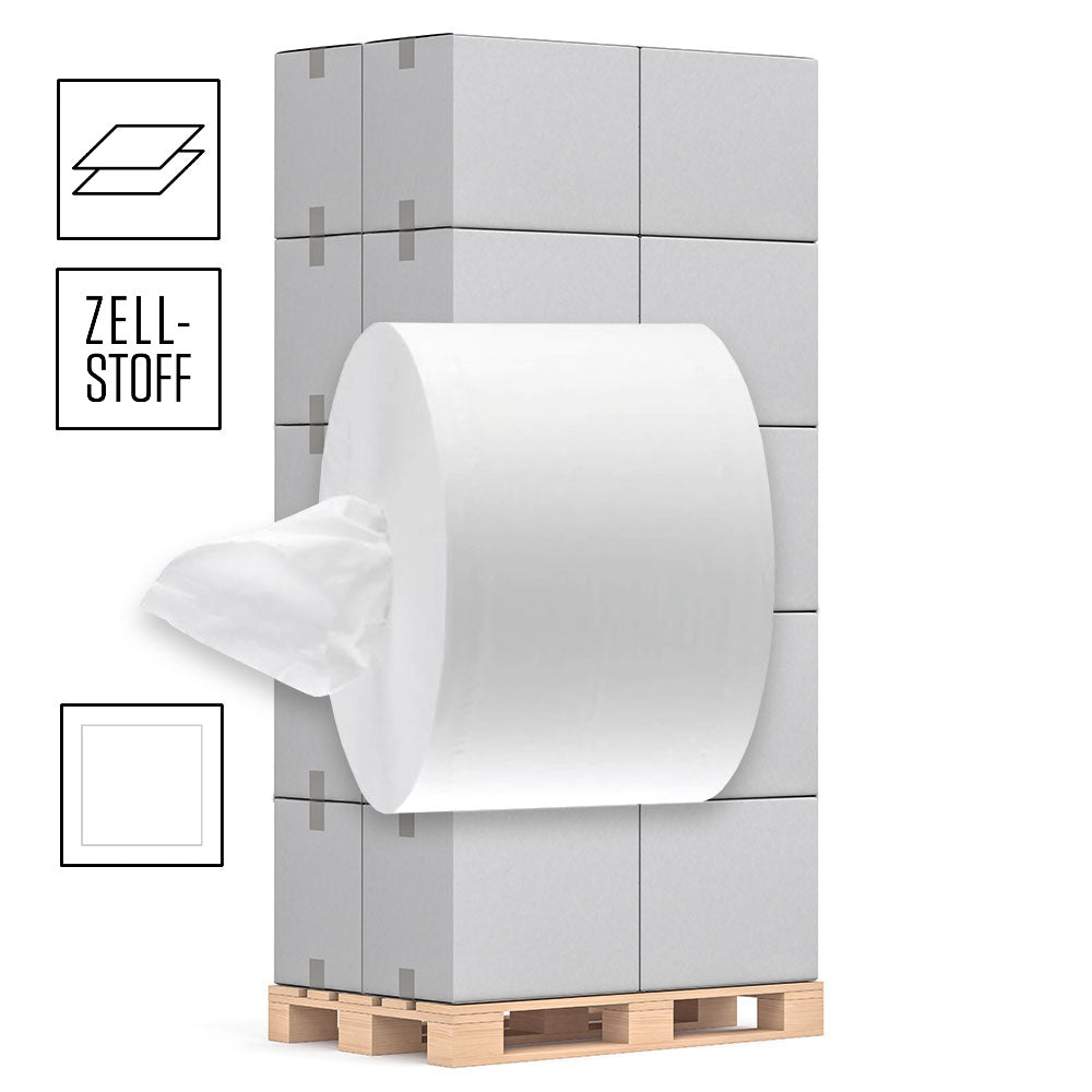 1 Palette Jumborollen Toilettenpapier mit Innenabzug, 2-lagig, Zellstoff hochweiß, 200m pro Rolle, Pal.= 36 VE