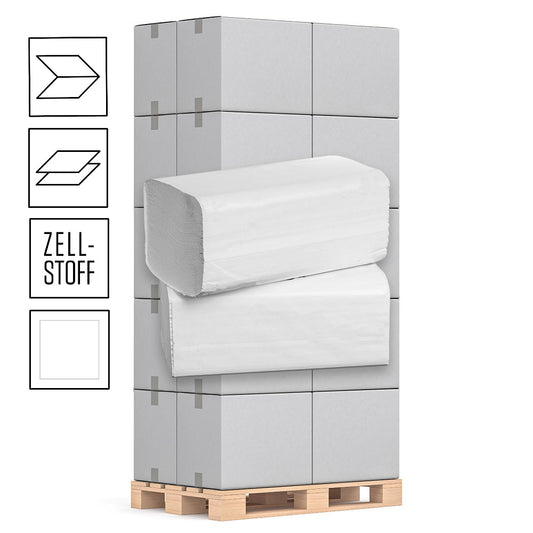 1 Palette Falthandtücher 2-lagig, Zellstoff hochweiß, 25cm x 21cm V/ZZ-Falz, 4000 Blatt, Pal.= 32 VE