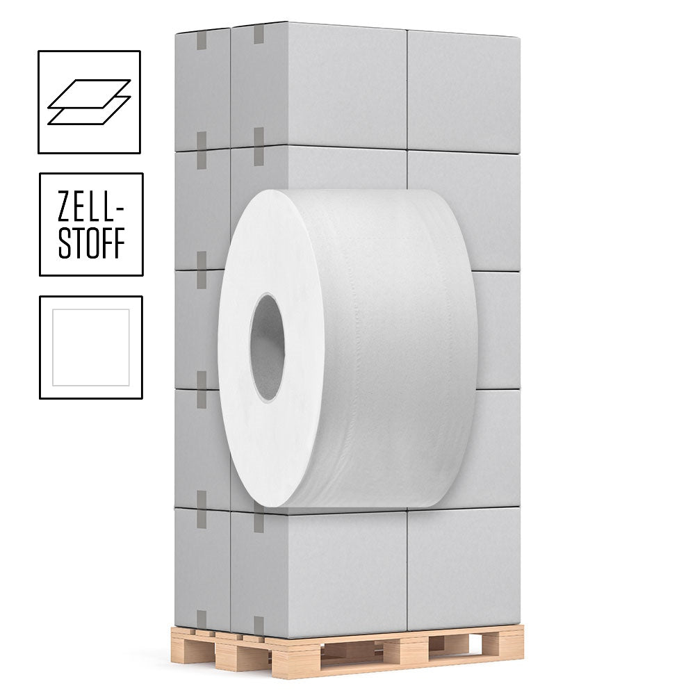 1 Palette Mini-Jumborollen Toilettenpapier, 2-lagig, Zellstoff hochweiß, Ø 18cm, 170m pro Rolle, Pal.= 44 VE
