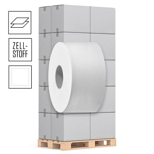 1 Palette Mini-Jumborollen Toilettenpapier, 2-lagig, Zellstoff hochweiß, Ø 18cm, 170m pro Rolle, Pal.= 44 VE